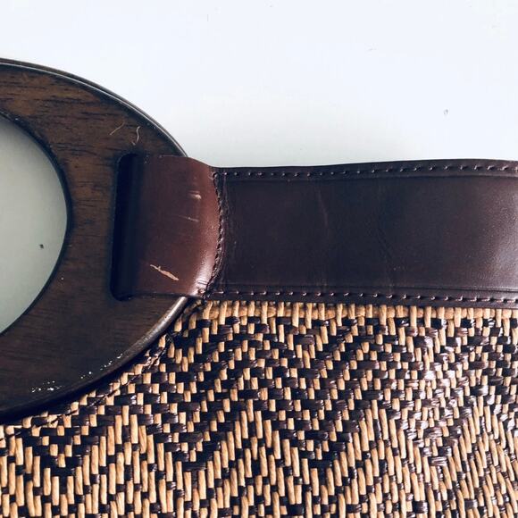 Fossil Wooden Handle VTG Woven Boho Satchel Purse Brown Art Deco - Picture 6 of 9